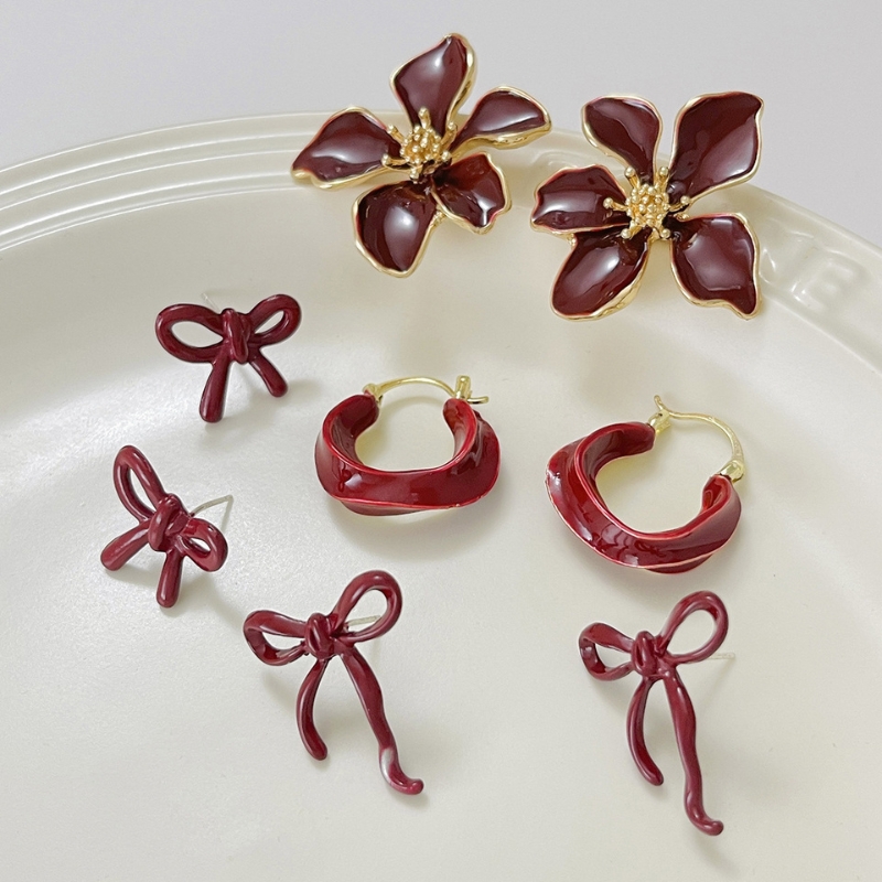 SE22547 S925 Silver angora red flower simple bow drip oil earring