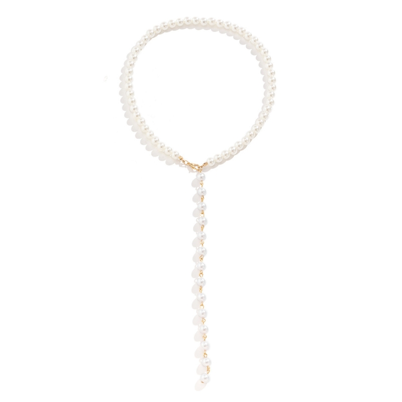 N22591 S925 Silver simple imitation pearl tassel vintage bead chain necklace