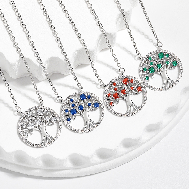 N22733 S925 silver bohemian colored zircon tree of life necklace
