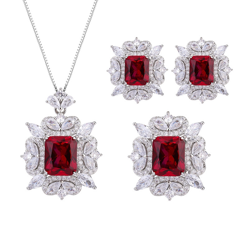 S22723 S925 silver red zircon pendant necklace, ring, earrings jewelry set