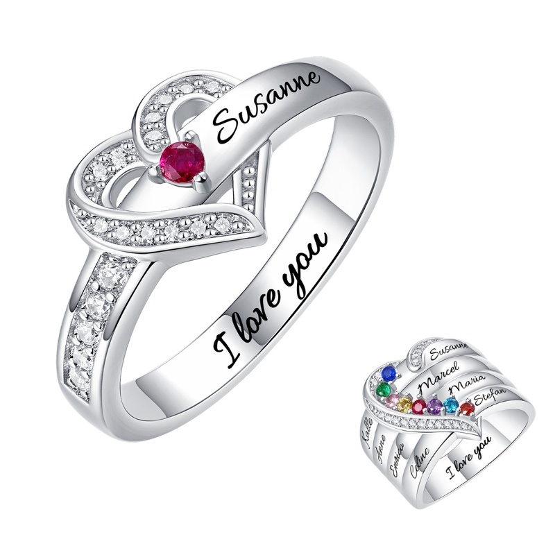 R22580 S925 Silver heart zircon carved name ring