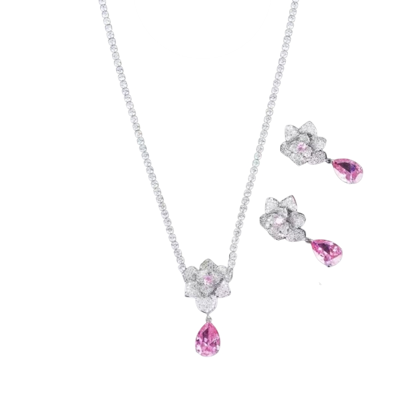 S22759 S925 silver vintage bridal chain pink zircon jewelry set