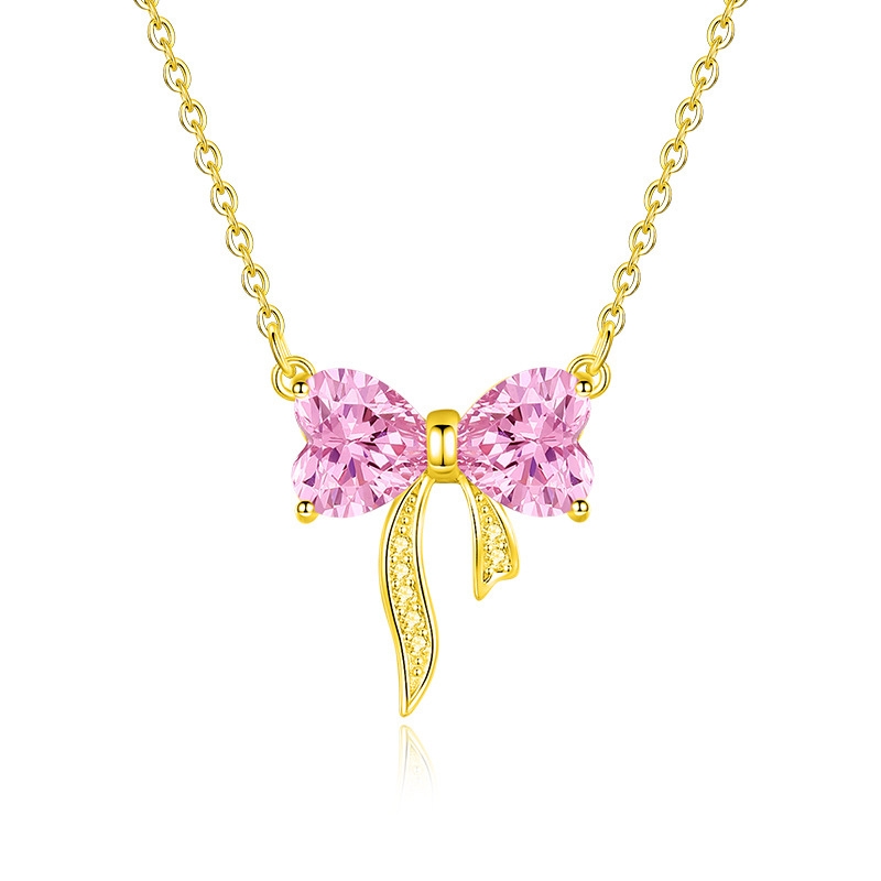 N22604 S925 Silver pink bow zircon inlaid love necklace