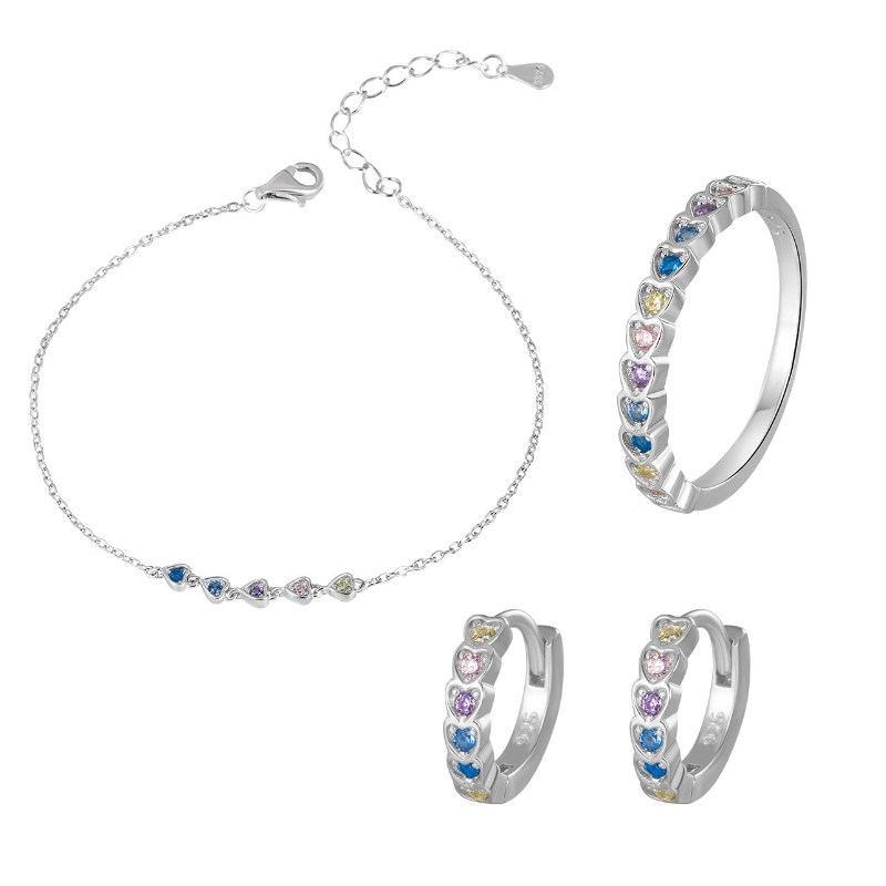 S22752 S925 silver colored zirconium love heart bracelet, ring and stud ring set