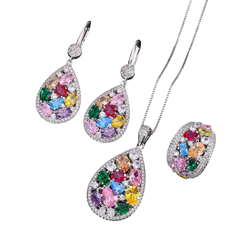 S22741 S925 silver rainbow water drops gemstone zircon earrings, ring and necklace set