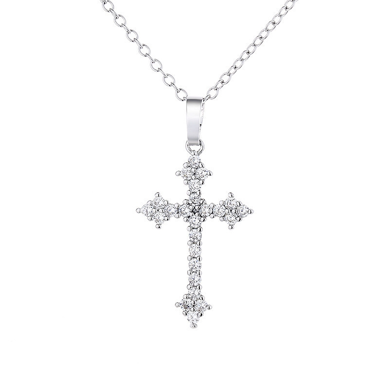 N22857 S925 silver full zircon cross unisex necklace