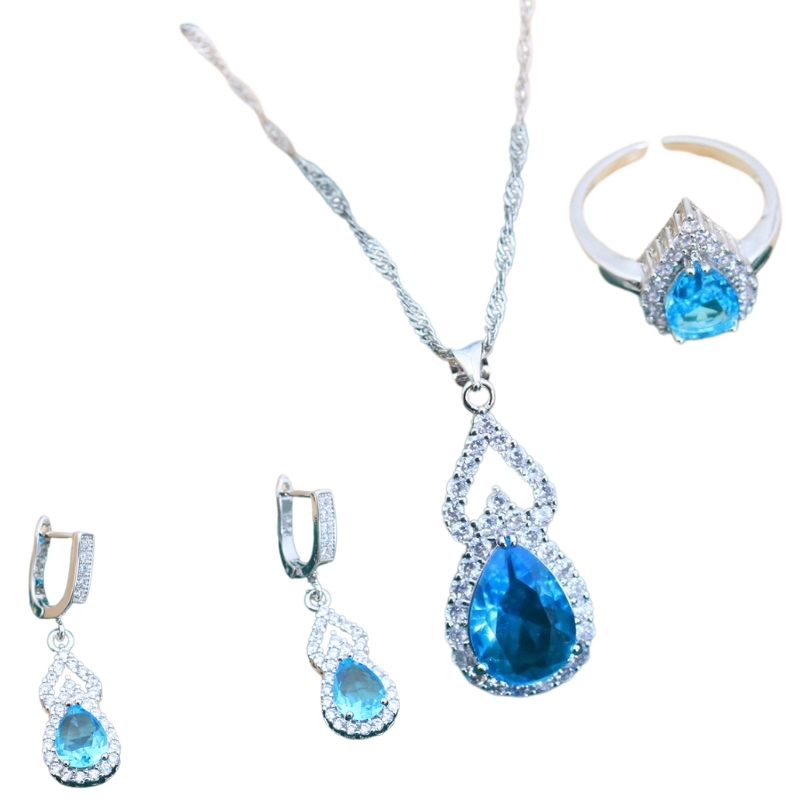 S22773 S925 silver zircon inlaid water drop ring, earrings and necklace jewelry set