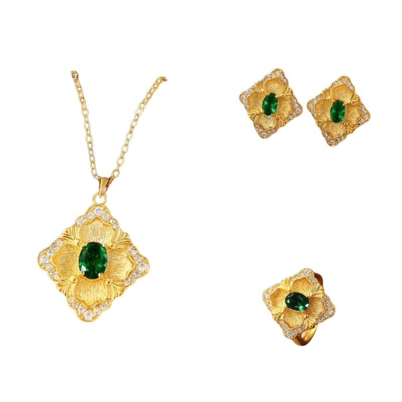 S22761 S925 silver italian burati craft emerald necklace stud earring set