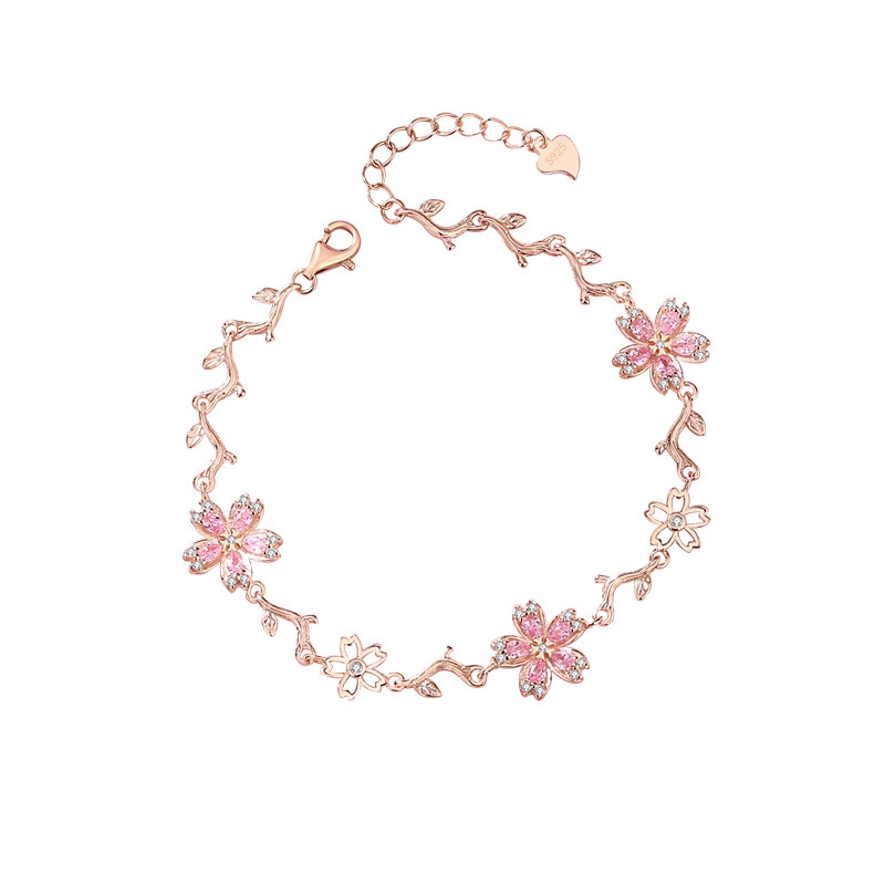B22871 S925 silver cherry blossom pink flower bracelet