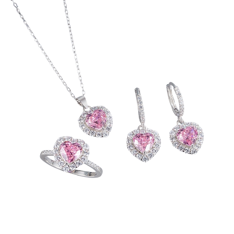 S22754 S925 silver love heart ice flower zircon three-piece jewelry set