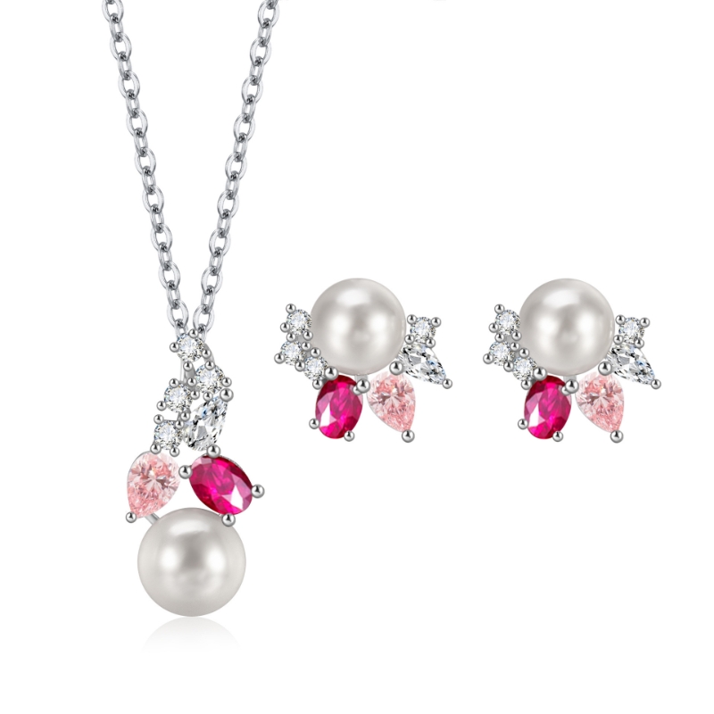S22763 S95 silver pink zircon pearl jewelry set