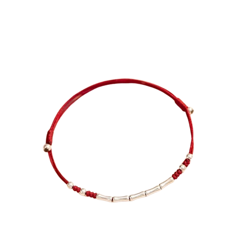 B22849 S925 silver bamboo red rope braided adjustable bracelet