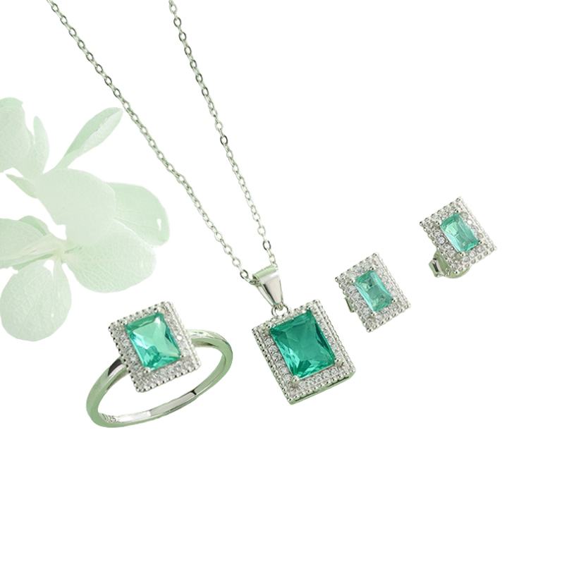 S22891 S925 silver green square zircon pendant necklace, stud earring, ring jewelry set