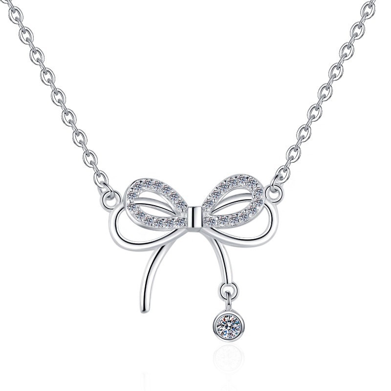 N22579 S925 Silver bow zircon pendant clavicle chain necklace