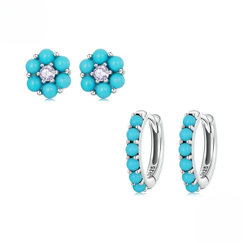 E22869 S925 silver turquoise small flower earrings