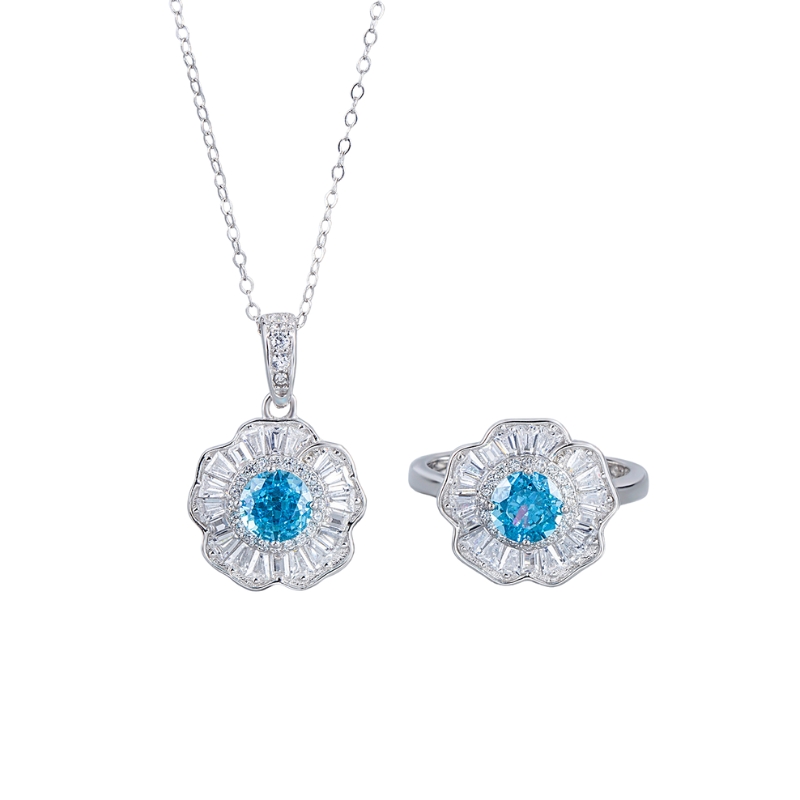 S22758 S925 silver ice begonia flower 6mm zircon ring, necklace set