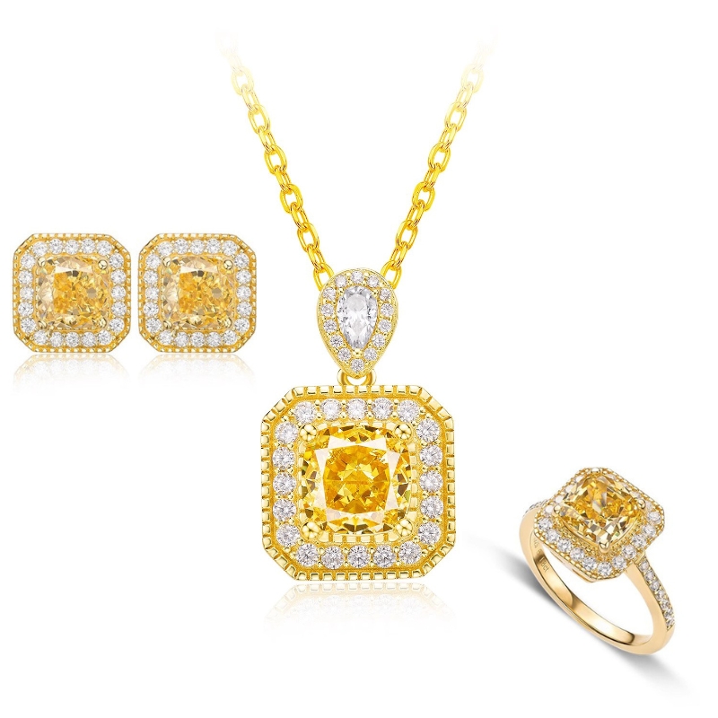 S22775 S925 silver yellow zircon ice flower sugar cube ring, earring, necklace set
