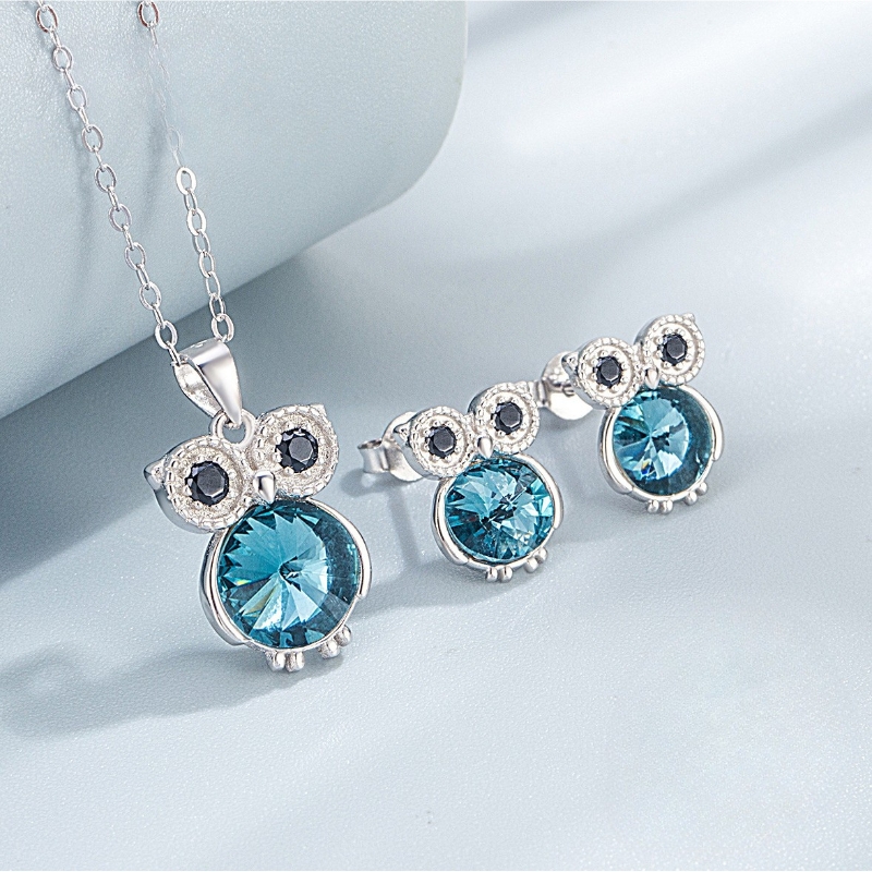 S22762 S925 silver Greek owl necklace stud earrings zircon set