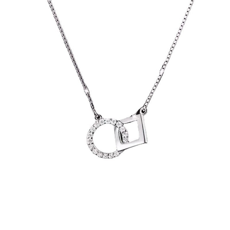 N22717 S925 silver square circle interlocking necklace