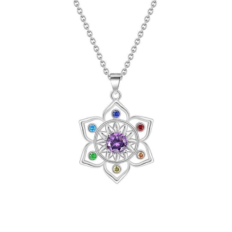 N22598 S925 Silver openwork flower round purple zircon lotus necklace