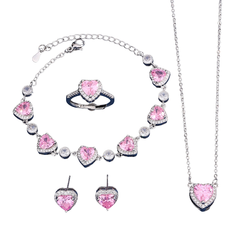 S22753 S925 silver new cherry blossom pink zircon necklace, ring and stud earring