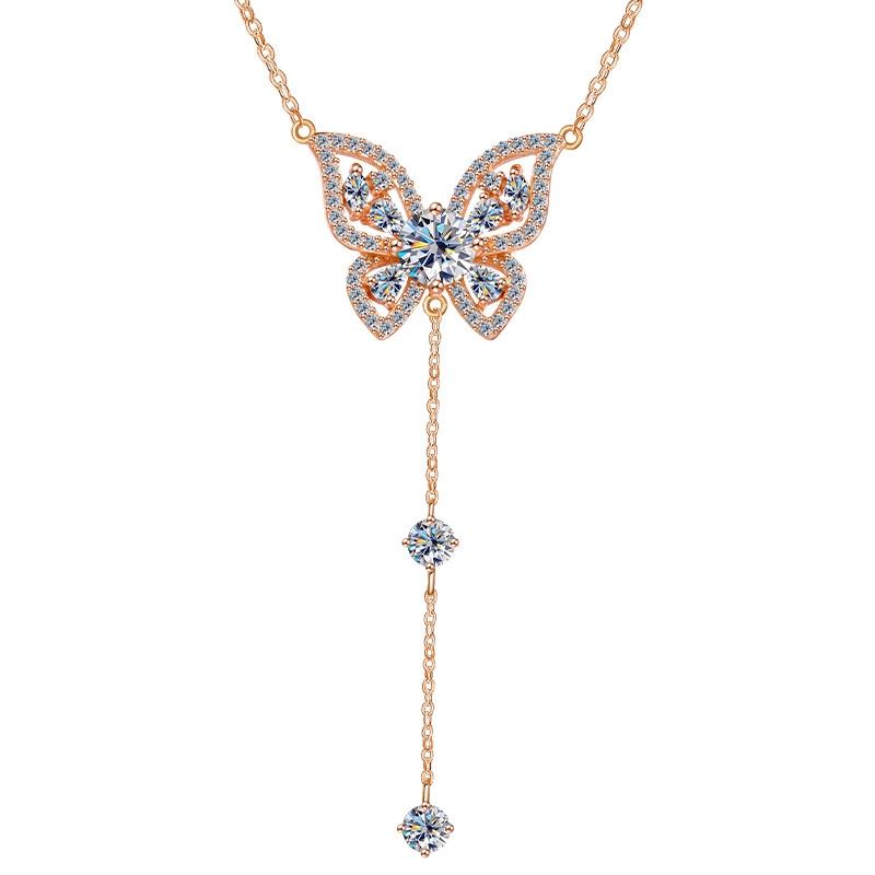 N22582 S925 Silver butterfly tassel zircon clavicle chain necklace