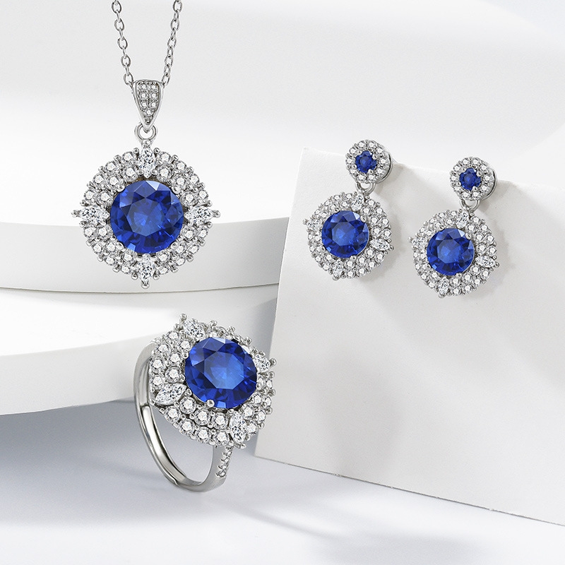 S22777 S925 silver three-piece set of colored treasure blue gemstone zircon encrusted set