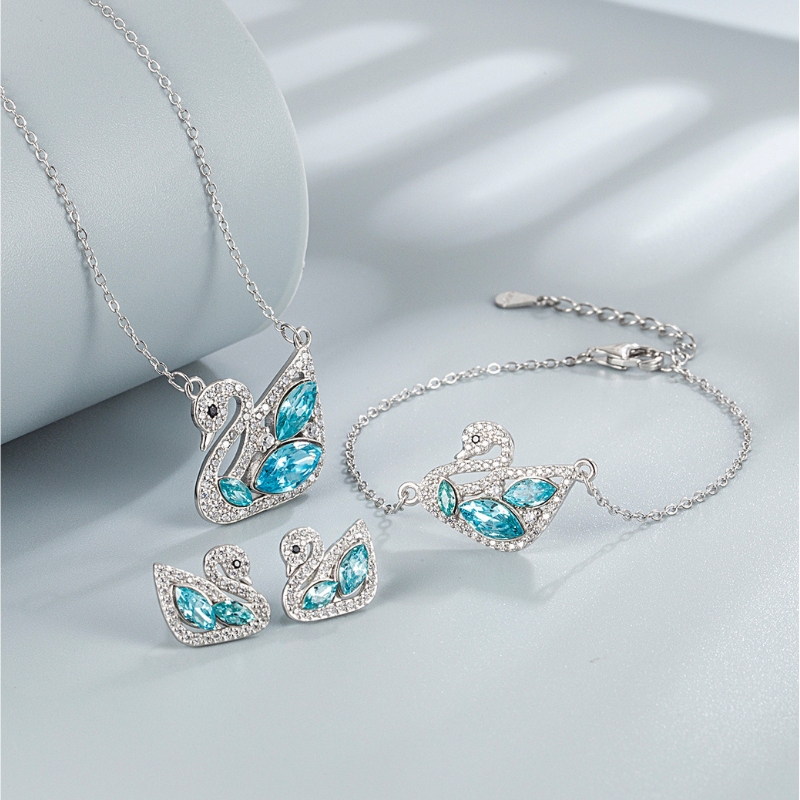 S22765 S925 silver blue marquise swan jewelry set