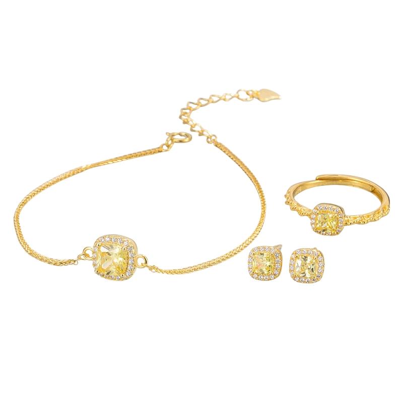 S22760 S925 silver yellow sugar cube ring earring necklace set