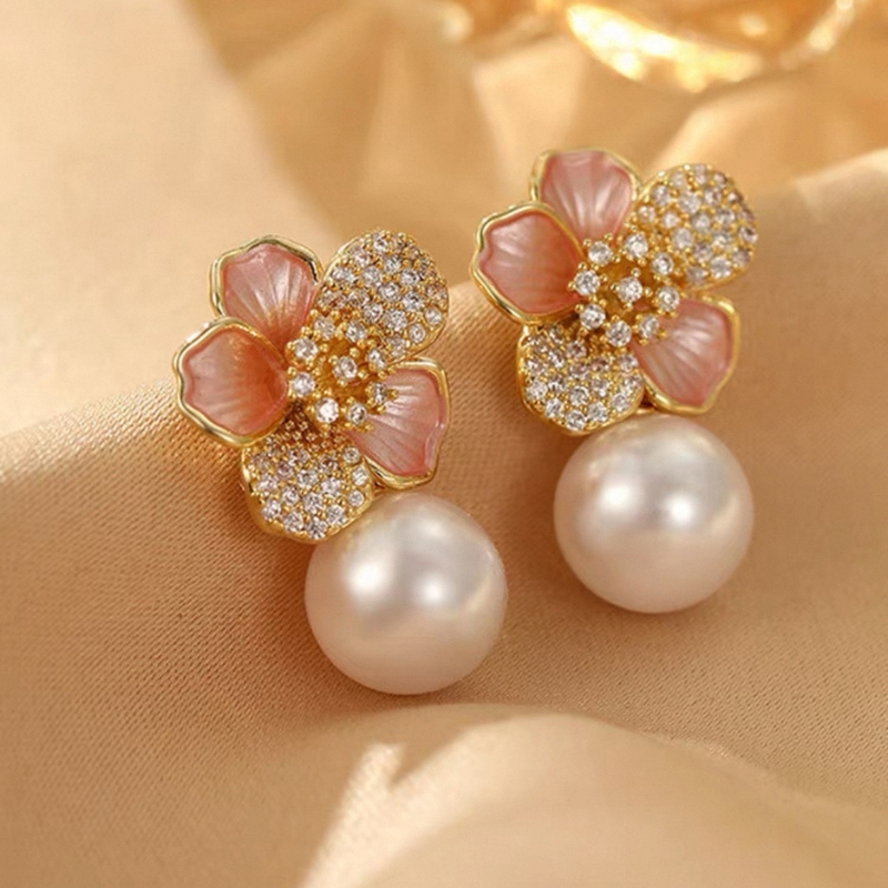 E21782 S925 silver sweet dripping oil pearl flower stud earring