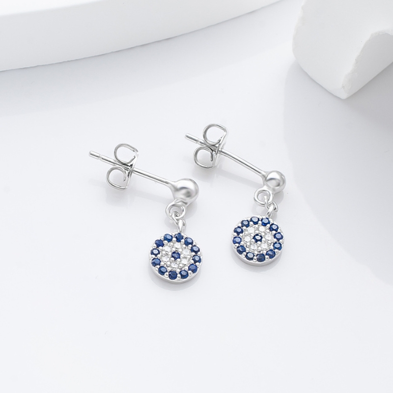 SE22856 S925 silver devils eye circle blue zircon earring