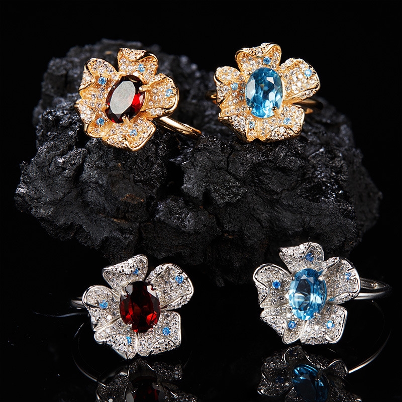R22877 S925 silver natural topaz garret flower ring
