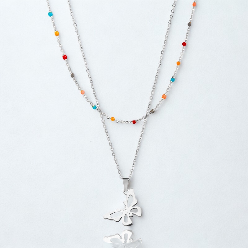 N22605 S925 Silver butterfly dripping oil chain double layer necklace