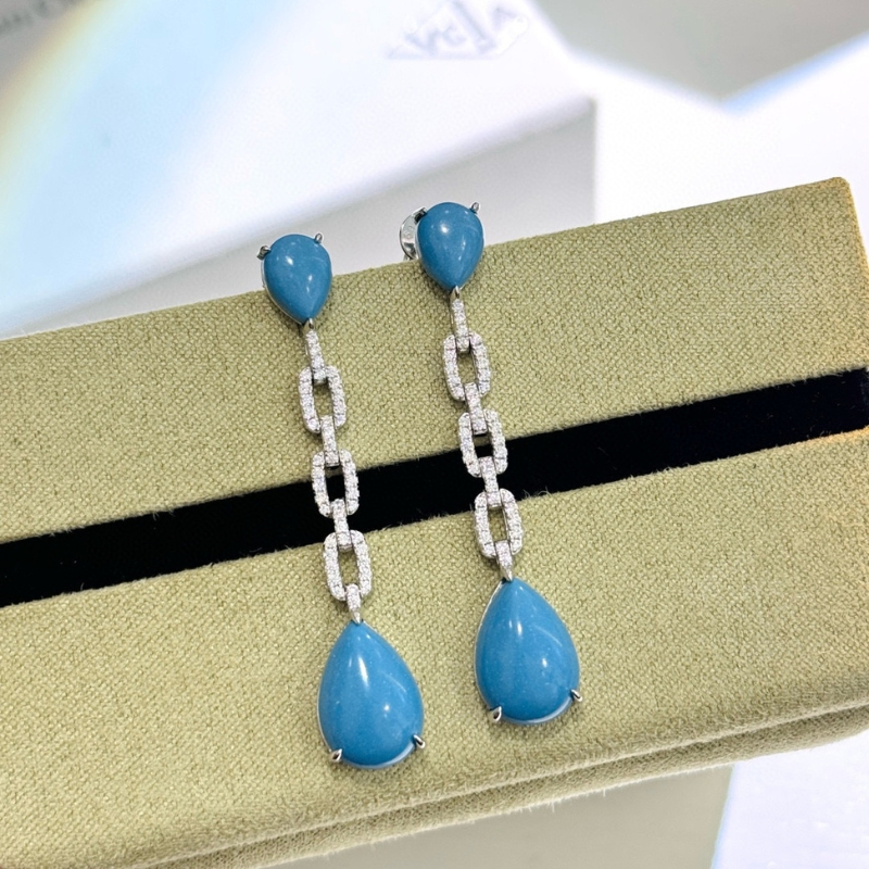 E2288 S925 silver blue turquoise full zircon water drops tassel earring